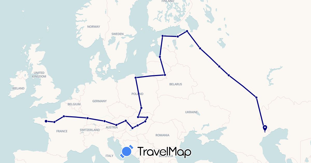 TravelMap itinerary: driving in Austria, Germany, Estonia, France, Hungary, Lithuania, Latvia, Poland, Russia, Slovakia (Europe)